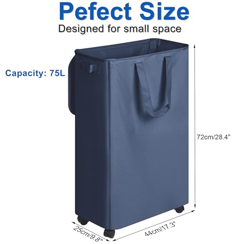 Vincona Slim Laundry Hamper with Lid and Wheels, Small Rolling Laundry Basket with Handle for Small Spaces, Tall Dirty Clothes Hampers for Dorm, Bathroom and Bedroom, 75L, Blue - color: Navy Blue, size: 75L