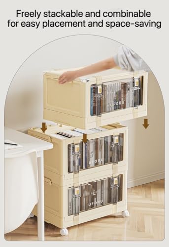 4 Tier Stackable Organiser With Door And Wheels Foldable Storage Box,For Wardrobes,Living Rooms,Bedrooms And Offices(White)