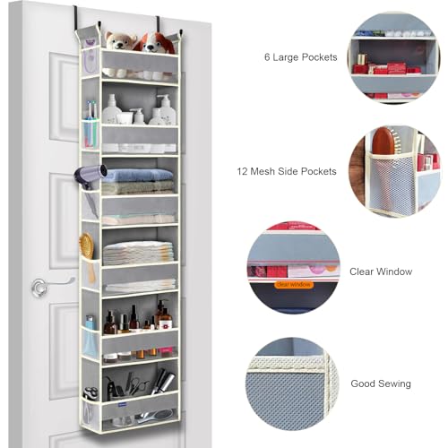 2 Pack Over The Door Hanging Organizer 6-Shelves and 12 Side Pockets, Over The Door Storage for Bathroom and Bedroom, Back of Door Organizers for Baby Products and Kid's Toys(13"x5"x54" Grey) - color: Grey, size: 6-Shelf Over Door Organizer 2 Pack