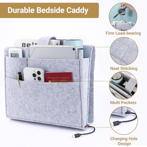 Seefoo Bed Caddy Organizer, Bunk Bed Shelf Caddy with 4 Pockets, Easy Storage as Books, Remotes, Magazine Holder, Sturdy Bedside Organizer for Bed, Bunk, Dorm, Sofa Grey