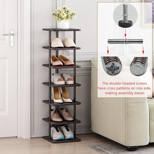 SORCEDAS 7 Tiers Vertical Shoe Rack Wooden Shoe Storage Organizer for Space Saving Narrow Shoe Shelf Storage 7 Pairs for Entryway Living Room Bedroom(Black + Rustic Dark Brown) - color: Black + Rustic Dark Brown, size: 7 Tier-Standard