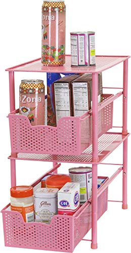 Simple Houseware Stackable Under Sink Cabinet Sliding Basket Organizer Drawer, Pink - color: Pink