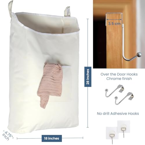 The Fine Living Co. Hanging Laundry Hamper with Over Door Hooks & Adhesive, Durable Space Saving Laundry Bag with Zipper and Wide Open Top, Hanging Dorm Laundry Hamper 18"x4.75"x28" (Beige-L) - color: Beige-L, size: Large