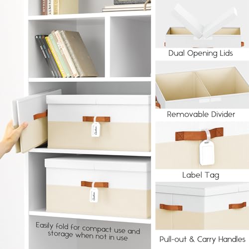 Homsorout Extra Large Storage Bins - 3 Pack Closet Storage Boxes with Double-Open Lid & Divider Board, Stackable Colthes Storage Organizer, Fabric Basket with Label Tag for Home, Laundry - color: white with beige, size: 3 Pack