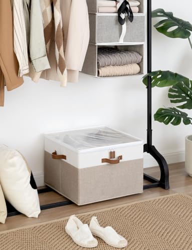 StorageWorks Shoe Organizer for Closet, Fits up to 16 Pairs, Shoe Cubby Storage Containers with Adjustable Dividers and Clear Cover, Brown & White - color: Brown & White, size: Medium