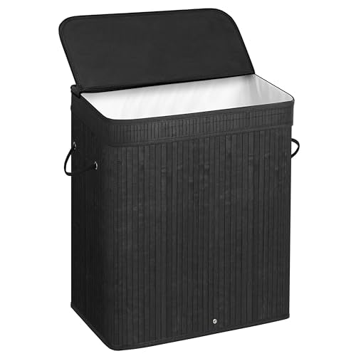 SONGMICS Laundry Hamper with Lid, Bamboo Laundry Basket, Removable Machine Washable Laundry Basket, with Handles, 26.4-Gallons, for Laundry Room, Bedroom, Bathroom, Ink Black ULCB63H - color: Ink Black, size: 100 L