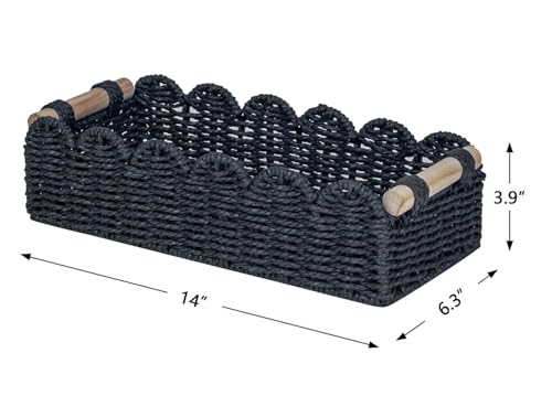CubesLand Toilet Paper Storage Basket Scalloped Edge Home Decor Basket, Living Room Cozy Decor, Paper Rope Small Baskets for Over Toilet Storage Shelf, End Table, Shelves, with 2 Wooden Handles, Black - color: Black, size: M - 14"L x 6.3"W x 3.9"H