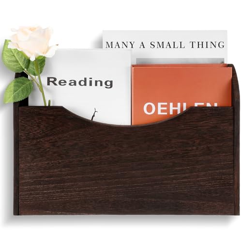 Suzile Wall Mounted File Holder Wood Magazine Holder Wall Hanging File Organizer for Office Mail Magazine Letter Paper Folder Organization (Brown)