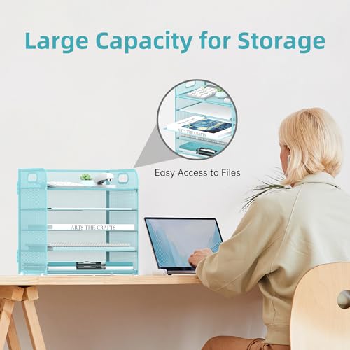 Supeasy 5 Trays Paper Organizer Letter Tray with Handle-Mesh Desk File Organizer, Paper Sorter Desk Organizer for Office, Home or School (Light Blue) - color: Blue