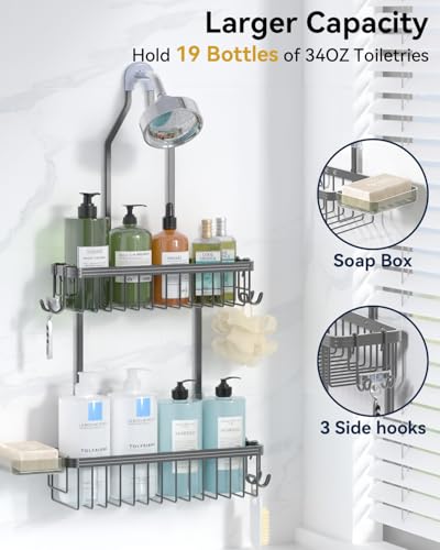 YASONIC Shower Caddy Hanging, Never Rust Shower Organizer Hanging, Aluminum Shower Racks for Inside Shower with Hooks for Razor, Bathroom Organizers and Storage with Soap Holder, Grey - color: Grey