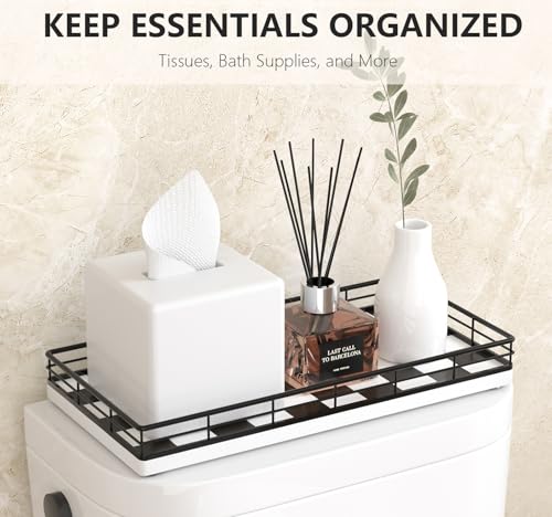 Toilet Paper Basket Organizer – Oak Wood Toilet Tank Tray with Metal Frame, Bathroom Counter Top Storage for Toilet Paper, Wipes & Decor, Modern Narrow Back of Tank Shelf Organizer, Black & White - color: Black & White, size: 13" x 6.5" x 2"