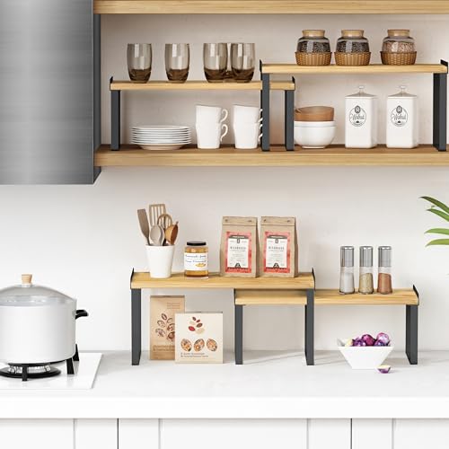 Goozii Kitchen Cabinet Organizer Shelf Set of 4, Stackable Pantry Cupboard Countertop Storage and Organizer, Desk Shelf Riser, Spice Plate Cup Expandable Storage Rack,(Black Bamboo) Large - color: Black-bamboo, size: Large