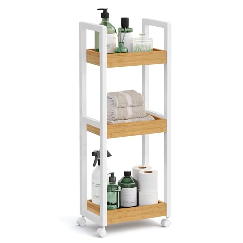 SONGMICS Bamboo Rolling Cart, 3-Tier Utility Cart on Wheels, Slim Narrow Storage Shelf, Bamboo Shelves, Space-Saving, Multifunctional, for Bathroom, Kitchen, White and Natural UBCB083N02 - color: White + Natural, size: 3 Tiers (7.9"D x 11.8"W), style: Wit