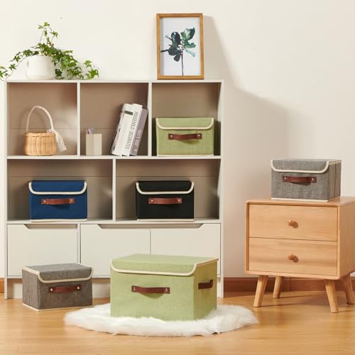2PCS Storage Boxes with Lid Cotton Linen Fabric Storage Bins Organizer Container Decorative Collapsible Washable Shelf Closet Baskets Faux Leather Handles Home Bedroom (Black, Small Size) - color: Black, size: Small (Set of 2)