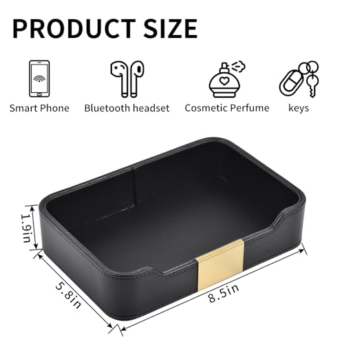 Luxury Leather Valet Tray Desktop Storage Organizer,Bedside Vanity Catchall Tray Nightstand Caddy Holder for Cosmetic,Jewelry,Watch,Keys,Phone,Wallet,Remote Controller,Pen,Black - color: Black
