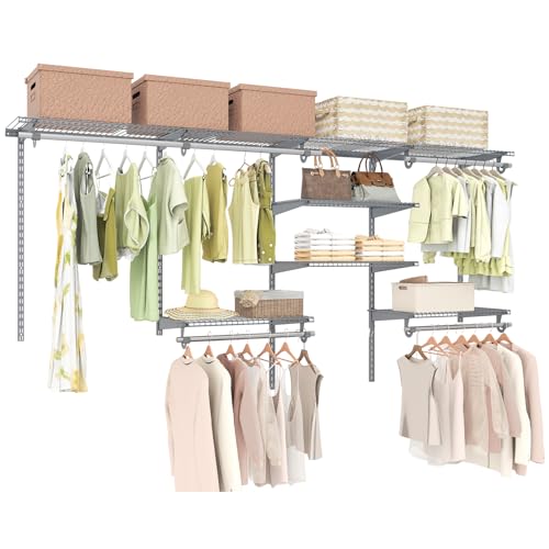 Tangkula 4 to 8 FT Custom Closet System, Wall Mounted Closet with Hanging Rod, Metal Hanging Storage Organizer Rack Wardrobe with Shelves, Adjustable Closet System Kit for Bedroom (Gray) - color: Gray, size: 4 to 8 FT