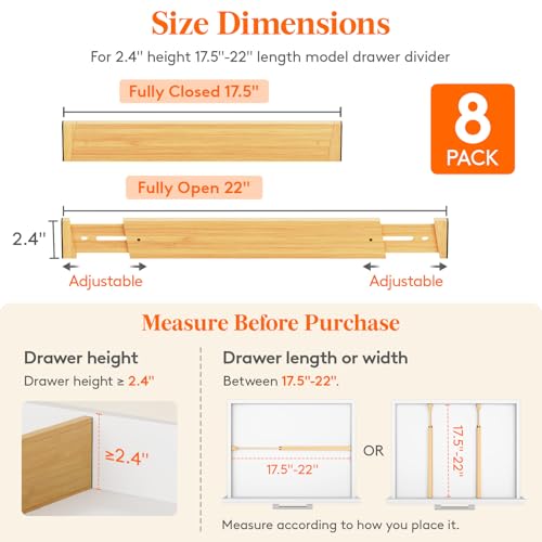 Lifewit 2.4" High 8 Pack Bamboo Drawer Dividers 45-55cm/17.5-22" Adjustable Wooden Drawer Organizer for Clothes/Utensils, Expandable Drawer Separator for Dresser/Kitchen/Bedroom/Office Organization - size: 2.4"H, 17.5-22"L