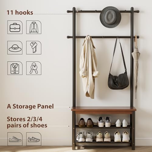 Coat Rack with Shoe Storage, Wood and Metal Frame, Entryway Hall Tree with Bench, Featuring 11 Hooks and 2-Tier Storage Shelves, 3-in-1, Entry Bench with Coat Rack (31.5" Walnut) - size: 80