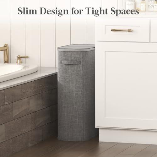 Lifewit Slim Laundry Basket with Lid, Narrow Large Laundry Hamper with Plastic Handles and Removable Bag, Tall Foldable Dirty Clothes Hampers for Laundry Room, Bedroom, Bathroom, Dorm, 65L Gray - color: Gray, size: 65L