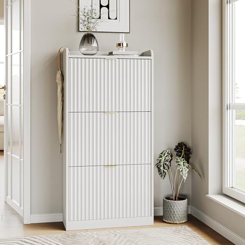 White Fluted Shoe Cabinet with 3 Flip Drawers, Narrow Shoe Storage Cabinet for Entryway, Freestanding Shoes Rack Organizer Cabinets with Adjustable Shelves for Entryway, Hallway - color: White, size: 3-Drawers