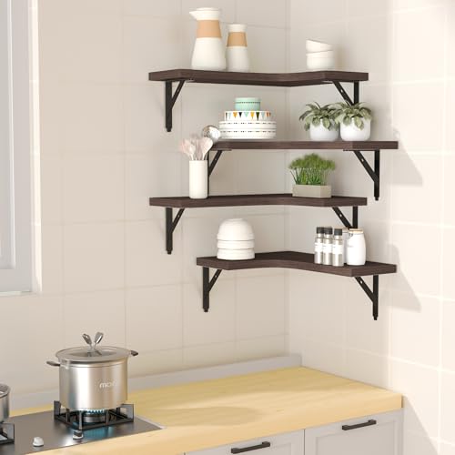 ROMGUAR CRAFT Corner Floating Shelves Wall Mounted Set of 4, Rustic Wood Storage Display Shelves for Home Decor, Bathroom, Kitchen, Bedroom, Living Room, Office (Brown) - color: Brown
