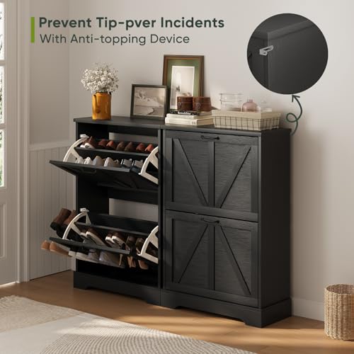 Smart FENDEE Shoe Cabinet, Shoe Storage Cabinet for Entryway with 2 Flip Drawers, Narrow Farmhouse Shoe Organizer Cabinet, Slim Shoe Rack Cabinet, 23.6in Black - color: Black, size: Width - 23.6 inches