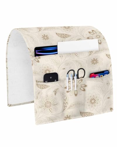 Sofa Armrest Organizer Bedside Caddy, Vintage Brown Floral Non Slip Couch Remote Control Holder for Recliner, Rustic Abstract Flower Burlap Arm Chair Caddy with Pocket for Magazine Phone, 13"x35" - color: Khaki, size: 13x35 in