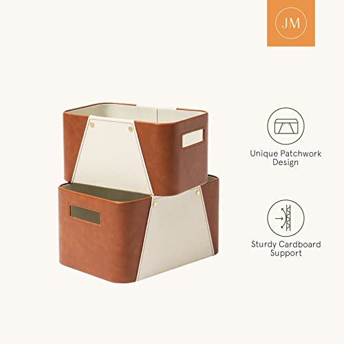 LA JOLIE MUSE Storage Baskets for Organizing, 2 Pack, Storage Cube Boxes Luxury Brown Vegan Leather and Beige Greige Fabric for Closet Shelf Cabinet Bookcase - color: Brown