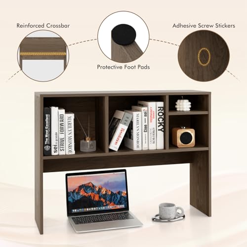 Tangkula Desktop Bookshelf, Countertop Storage Hutch with 4 Shelves for Computer Desk, Desktop 2-Tier Display Rack, Multipurpose Wood Desk Hutch Storage Organizer for Dorm Office Home - color: Grey, size: 4 Shelves