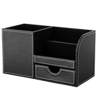 KINGFOM Desk Organizer Office Supplies Caddy Pu Leather Multi-function Storage Box Pen/Pencil,Cell phone, Business Name Cards Remote Control Holder with Small Drawer Black - color: Black