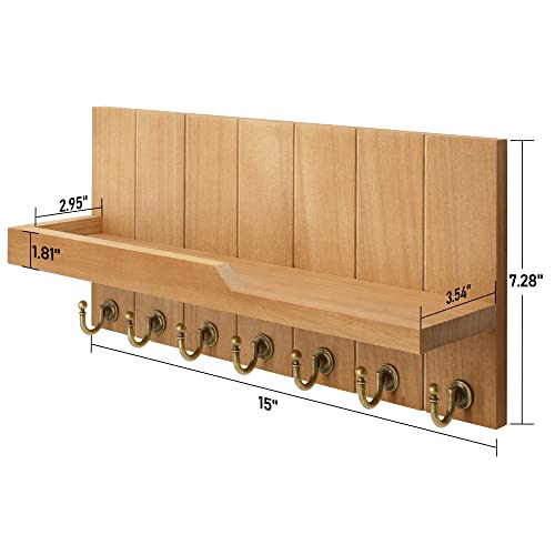 Rebee Vision Decorative Key Holder for Wall Shelf - Farmhouse Wood Wall Hanging Mail Organizer with 7 Sturdy Key Hooks for Home Entryway Decor - Stylish Key Racks (Light Brown,15-inch) - color: Light Brown, size: 15-inch