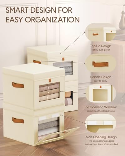 Homsorout Storage Bins with Lid – Closet Organizer with Side Opening and Clear Window, Foldable Stackable Fabric Basket for Clothes, Home, Office - 13.77" x 11.8" x 9.8", 4 Pack, Beige - color: Beige, size: 13.7 Inch-4 Pack