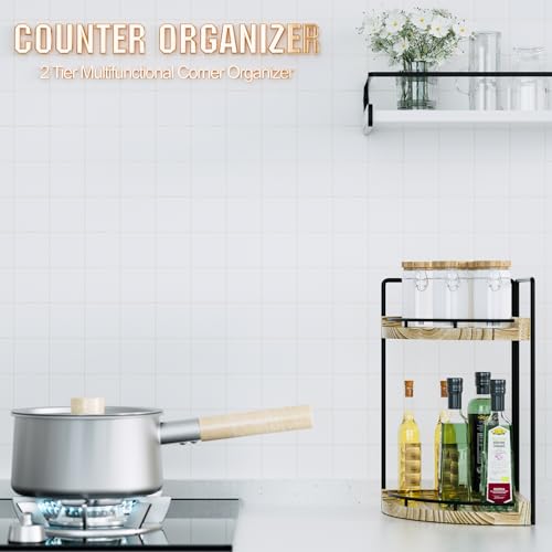 Corner Bathroom Counter Organizer, 2 Tier Wood Vanity Storage, Waterproof Skincare Shelf for Kitchen & Toiletries Decor, Dresser (Rustic-2 Tier) - color: Rustic-2 Tier