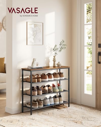 VASAGLE 4-Tier Shoe Rack, Large Shoe Storage Organizer for Closet, Entryway, 15-20 Pairs, with 3 Metal Mesh Shelves, 10.8 x 29.5 x 28.5 Inches, Rustic Brown and Black ULBS114KD01 - color: Rustic Brown, size: 4 Tiers (29.5"W)