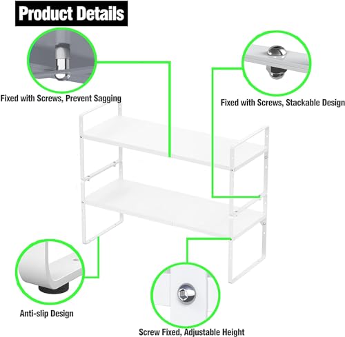 ‎Expandable Kitchen Cabinet Storage Shelf, Stackable Metal Pantry Storage Shelves Organizer, Adjustable Height Counter Spice Rack for Kitchen Cabinet (White - 16.5"-27" L x 10.2" W x 9.6" H - 3Pack) - color: White-3pack, size: Large - L16.5-27'' * W10.2''