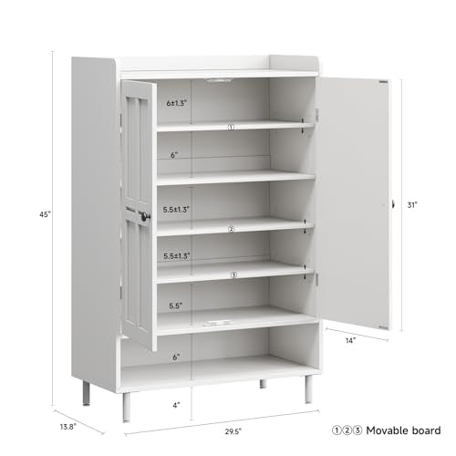ONBRILL Shoe Storage Cabinet with Cross Molding Doors, 6-Tier Farmhouse Shoe Cabinet with 3 Adjustable Shelves and Metal Legs, 45'' Tall Shoes Rack Organizer Cabinet for Entryway, Front Door, White - color: White