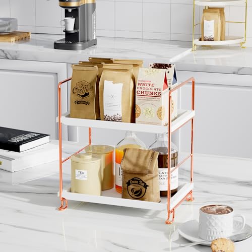 FSyueyun 2-Tier Bathroom Countertop Organizer, Tool-Less Installation Premium Plastics Makeup Shelf Organizer Perfume Skincare for Dresser Vanity Tray Organizers and Storage (Rose Gold) - color: Rose Gold