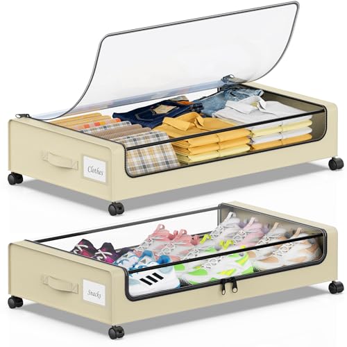 Beborxue Under Bed Storage with Wheels, 2-Pack Under the Bed Storage Containers with Lids, XXL 60L Under Bed Shoes Storage Organizer Bins, Rolling Underbed Storage for Clothes, Shoes, Blankets (Beige) - color: 2 Pack-Beige
