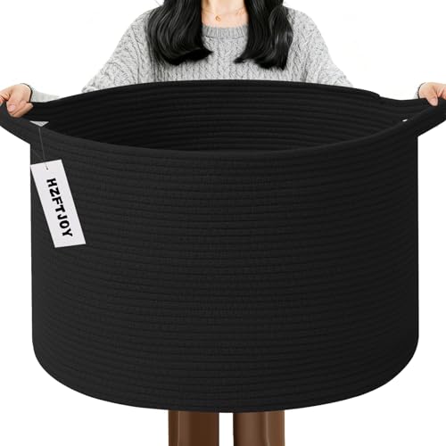 65L Large Blanket Basket,Woven Rope Laundry Basket Hamper with Handles,Decorative Nursery Basket Storage Bin for Toys, Pillows , Clothes Organizer, Living Room, Bedroom, Bathroom, Black - color: Black, size: 19.7"L x 19.7"W x 13"H(65L)