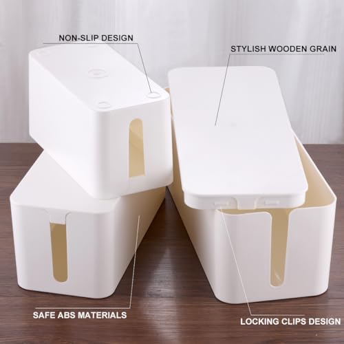 3 Pack Cable Management Box with 18 PCS Cable Management Set - Large & Medium & Small Cable Organizer Box to Hide Wires & Power Strips | TV Cord Organizer Box | for Home & Office, White - color: White