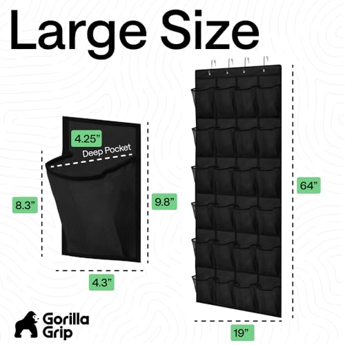 GORILLA GRIP Over the Door Shoe Organizer, 24 Large Breathable Mesh Pockets, Space Saving Hanging Storage Holder, Closet Rack Hanger Holds Up to 40 lbs, Hangs on Closets for Shoes, Accessories, Black - color: Black, size: 24 Pockets/4 Hooks