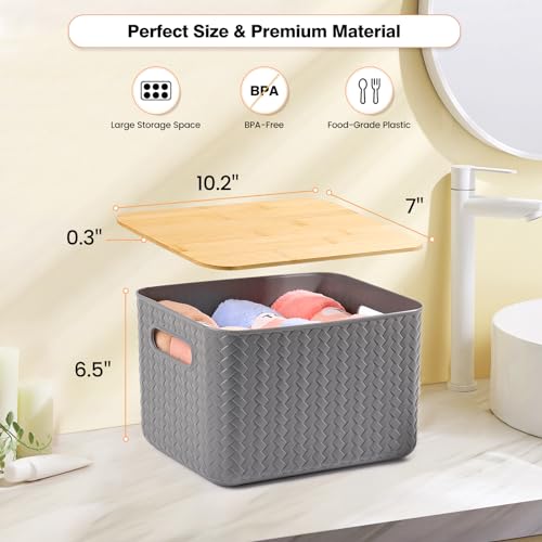 Ohmlove 4 Packs Storage Bins with Bamboo Lids - Plastic Storage Containers with Lids Stackable Storage Box：Storage Baskets for Organizing Desktop Closet Playroom Classroom Office,Gray - color: Gray
