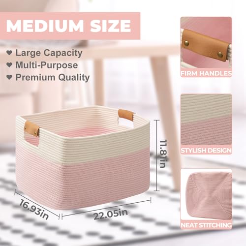 danpinera Woven Rectangle Storage Basket, Large Blanket Basket for Living Room,Kids Room, Storage Bin Box with Handle for Pillows, 22’’*17’’*11.8’’, 72L, White/Pink - color: White+Pink, size: 72L
