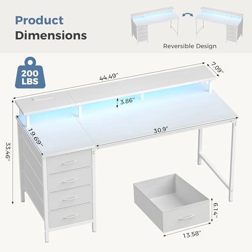 DUMOS Computer Desk with 4 Drawers,4 Drawer Gaming Desk with Power Outlets and LED Lights,Office Desk for Small Spaces with Monitor Shelf,Writing Desk for Home Office, Bedroom,Study 45 Inch White - color: White, size: 47-In