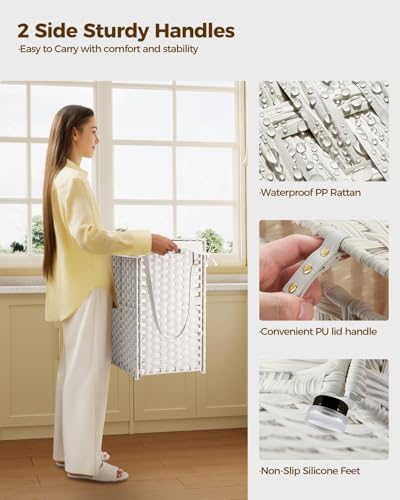 Greenstell Laundry Hamper with Wheels, No Install Needed, 90L Divided Handwoven Hampers & 2 Removable Liner Bags, Rattan Clothes Laundry Basket with Lid & Handles, Foldable Hampers White - color: White, size: 90L: 18.3x13.5x26.4 Inches