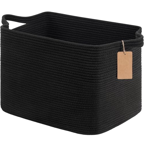 Goodpick Woven Storage Baskets for Organizing, 18" x 14" x 12" Rectangle Blanket Basket with Handles, Nursery Cotton Rope Basket for Living Room, Bedroom, Black - color: Black, size: 18"L x 14"W x 12"H