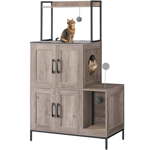 HOOBRO Cat Litter Box Enclosure Furniture, 2 in 1 Hidden Litter Box Furniture with Shelf, Double Litter Box Cabinet with 2 Dangling Plush Balls and 1 Toy Ball, Greige and Black BG78MW01 - color: Greige