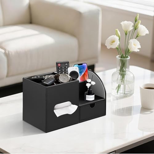 Leather Nightstand Organizer with Tissue Holder,Square Tissue Box Cover with Organizer, Decorative Modern Facial Paper Storage Box for Bathroom Living Room Vanity Table Countertop Office Black - color: Black