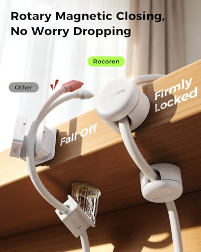 9-Pack Cable Clips [Upgraded], Rocoren Magnetic 360° Rotatable Cord Holder, Adhesive Cable Management Organizer, Wire Keeper for Nightstand Desk Car Home Office Accessories White - color: White