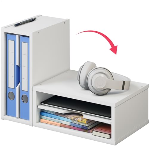 Ballucci File Organizer, 2-Tier Document Paper Sorter, Stackable Wood Desk Organizer Mail Holder, Monitor Stand with Storage Shelves, White - color: White, size: 2 Tier